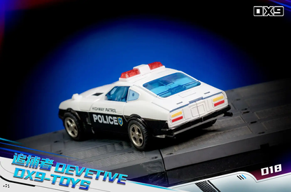 DX9 Toys D18 Devetive Prowl police car action figure rear view, Highway Patrol