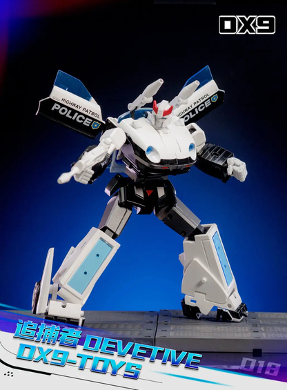 DX9 Toys D18 Devetive Prowl: White and black mecha action figure with "Highway Patrol Police" markings, holding a gun in dynamic stance on display platform.