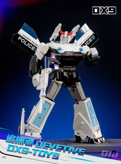 DX9 D18 Devetive Prowl mecha action figure - white/black police robot w/highway patrol wings, blue eyes, collector-grade