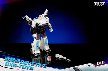 DX9 Toys D18 Devetive Prowl: White and black mecha action figure with police markings, standing with included gun and small accessory on reflective surface.