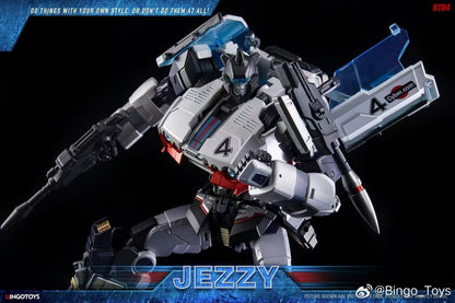 Vilo Hobby Zone BingoToys BT-07 Super Soldier Jezzy Jazz crouched pose with blue wing