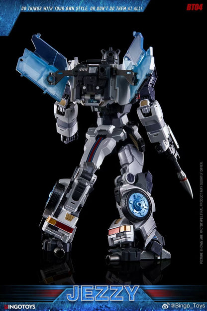 Premium mecha action figure from Vilo Hobby Zone: BingoToys BT-07 Super Soldier Jezzy Jazz with silver armor, blue wings, detailed design