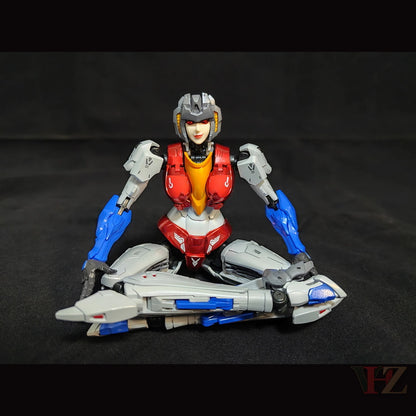 Collection Space CS-03 Starqueen Starscream Mecha Girl sitting cross-legged with jet mode, white/red/blue body, against black.