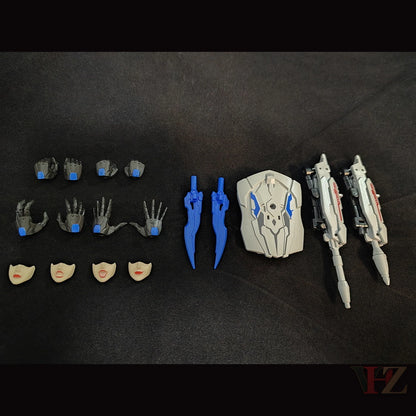 Accessories for Collection Space CS-03 Starqueen Starscream Mecha Girl: hands, facial expressions, blue daggers, gray shield, dual blasters on black surface.