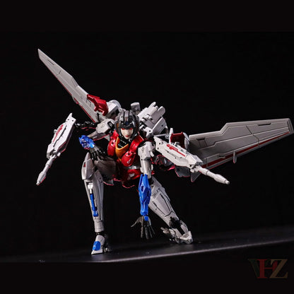 Collection Space CS-03 Starqueen Starscream mecha girl in red and white armor with blue accents, crouching pose with large wings and dual weapons.
