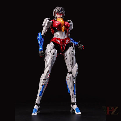 Front view of Collection Space CS-03 Starqueen Starscream mecha girl figure, red and yellow chest, blue arms, silver legs, red eyes against black background.