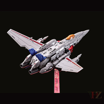Collection Space CS-03 Starqueen Starscream Mecha Girl in jet mode, gray with red/blue accents, detailed cockpit, display stand against black background.