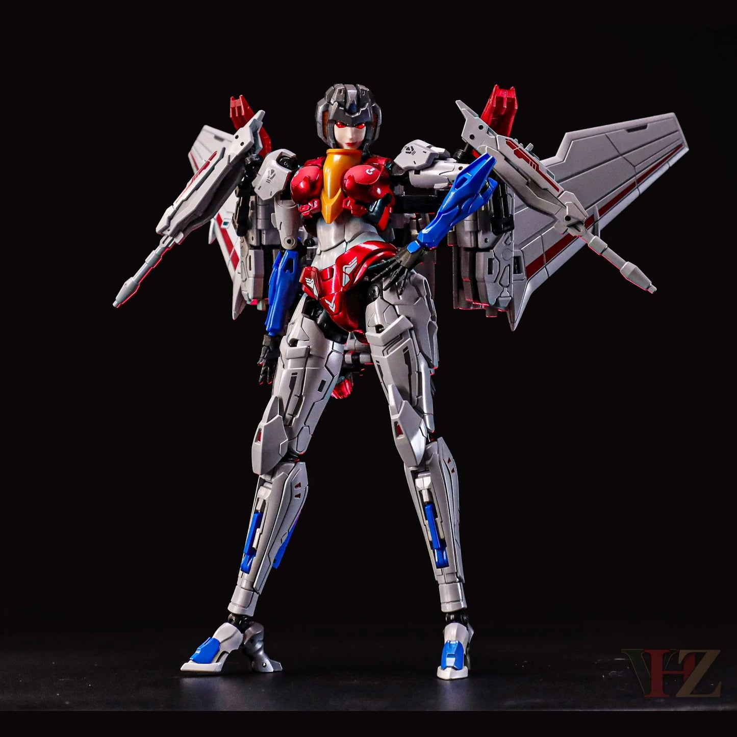 Collection Space CS-03 Starqueen Starscream Mecha Girl standing pose with red, silver, blue armor, mechanical wings, articulation against black background.
