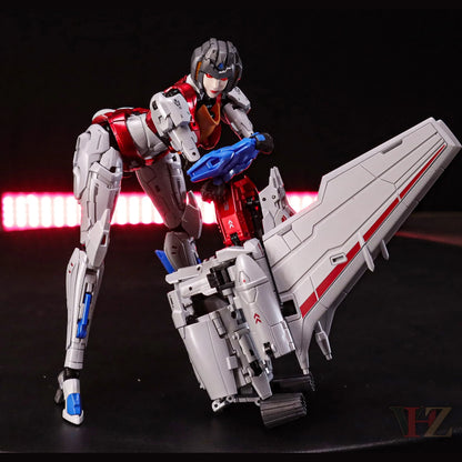 Collection Space CS-03 Starqueen Starscream Mecha Girl in action pose with jet mode, red/silver armor, blue weapon, dynamic lighting against black background.