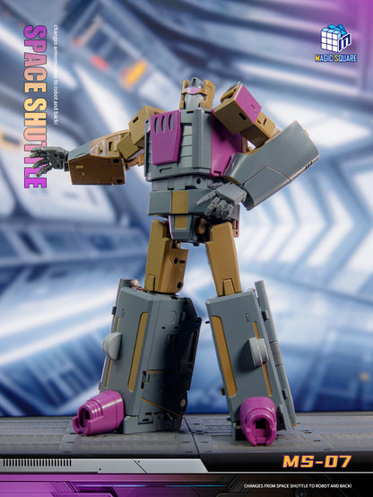 Magic Square MS-07 Space Shuttle Blastoff Masterpiece: Gray, purple, and tan robot mode action figure with extended arm, standing on display platform.
