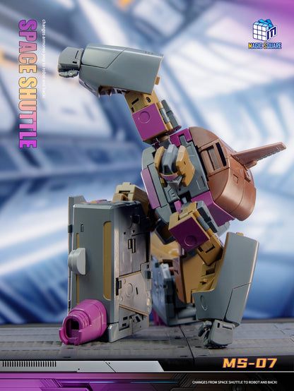 Magic Square MS-07 Space Shuttle Blastoff Masterpiece: Gray, purple, and tan robot mode action figure with shuttle component attached to arm, standing on display platform.