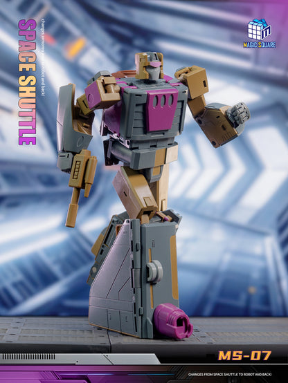 Magic Square MS-07 Space Shuttle Blastoff Masterpiece robot mode figure with space shuttle module attached to left leg, standing pose, gray, brown, purple.