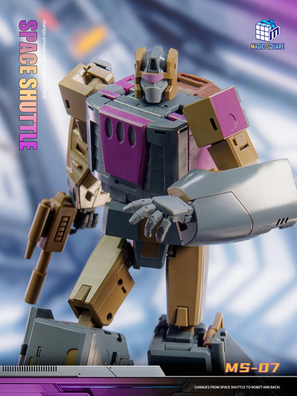 Magic Square MS-07 Space Shuttle Blastoff Masterpiece robot mode figure, close-up of upper body and arm, gray, brown, purple.