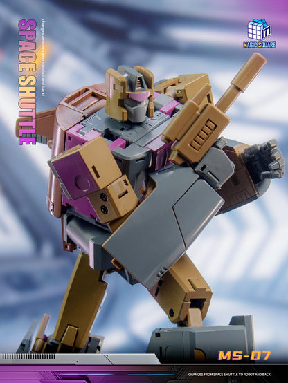 Magic Square MS-07 Space Shuttle Blastoff Masterpiece robot mode figure in dynamic pose, gray, brown, purple.