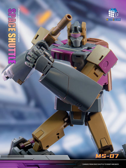 Magic Square MS-07 Space Shuttle Blastoff Masterpiece robot mode figure in action pose with weapon, gray, brown, purple.