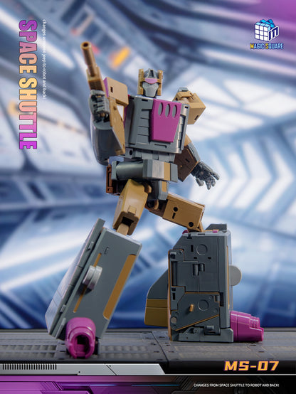 Magic Square MS-07 Space Shuttle Blastoff Masterpiece robot mode figure with space shuttle module attached to right leg, standing pose, gray, brown, purple.