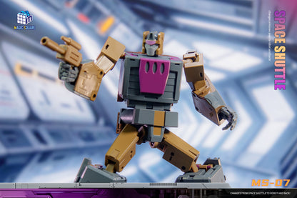 Magic Square MS-07 Space Shuttle Blastoff Masterpiece mecha toy with purple chest, tan arms, gray body, blastoff pose