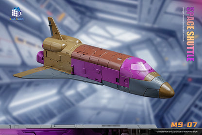Magic Square MS-07 Space Shuttle Blastoff Masterpiece: Tan, purple, and gray space shuttle mode action figure with detailed panels, displayed against blurred background.