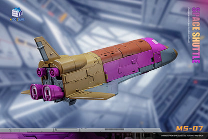Magic Square MS-07 Space Shuttle Blastoff mecha model with with purple engines, tan body, in futuristic hangar