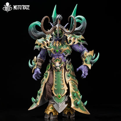 Metytoyz Demon Hunter Imperial Armor Illidan Stormrage WF2025 Limited Edition action figure with purple skin, green and gold ornate armor, large curved horns, and a long green cape featuring a skull emblem.