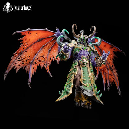 Metytoyz Demon Hunter Imperial Armor Illidan Stormrage WF2025 Limited Edition figure with purple skin, green and gold armor, orange demon wings, and horned helmet against black background.