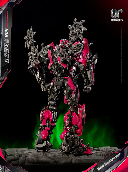 Red Destroyer Stinger mecha back view red/black armor, spiked weapons