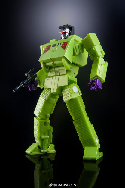 Green mecha action figure X-Transbots MX-45 Razor Bonecrusher with red accents, purple hands, black weapon