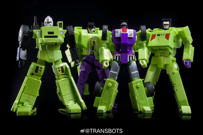 X-Transbots MX-45 Razor Bonecrusher mecha figures with vehicle parts, green/purple plastic collectibles